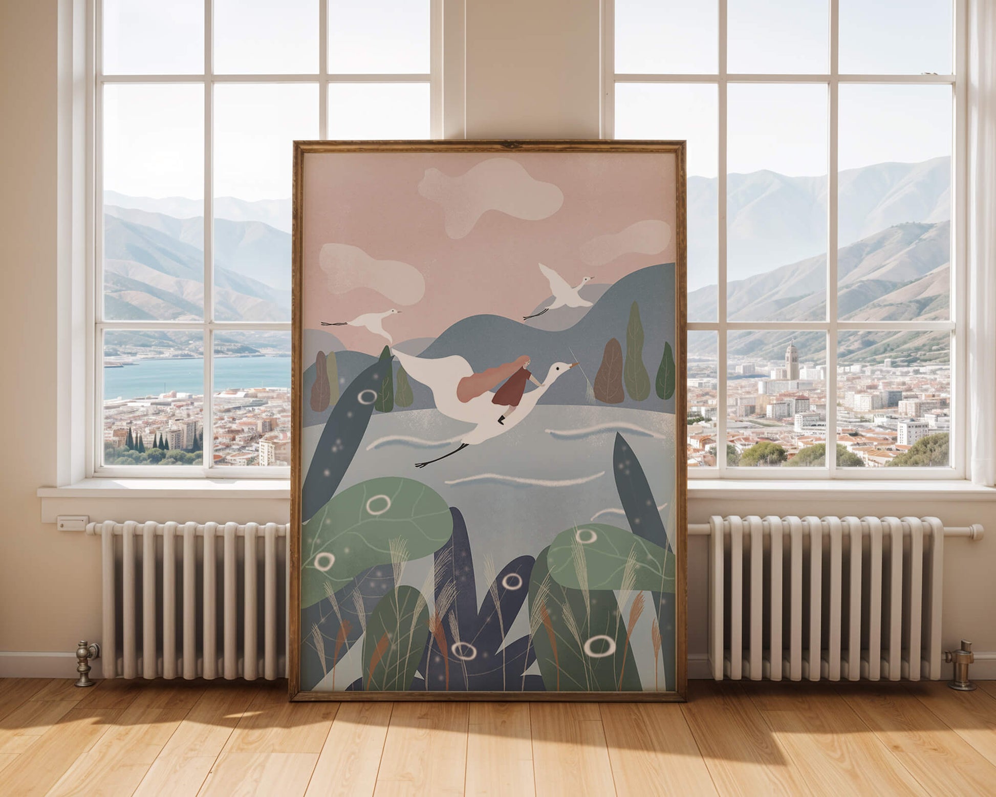 Whimsical landscape with flying birds and pink sky