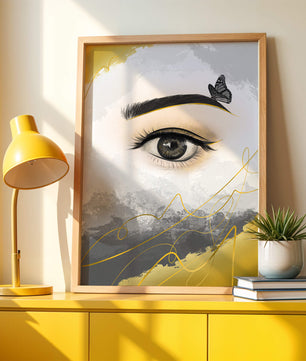 Artistic eye illustration with butterfly and abstract gold accents