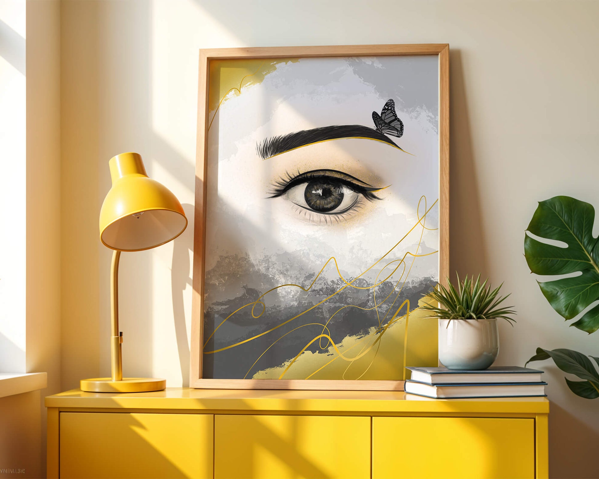 Artistic eye illustration with butterfly and abstract gold accents