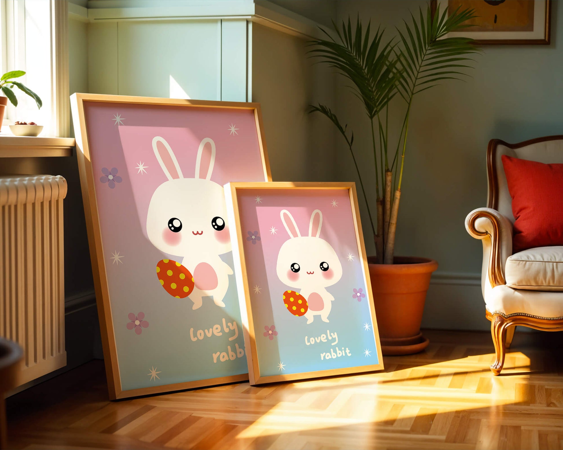 Adorable rabbit illustration with a colorful egg on a pastel background