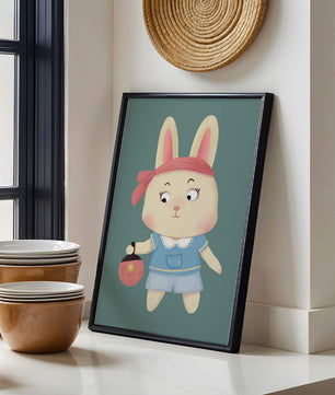 Illustration d'un lapin cartoon avec un bandeau et un sac rond