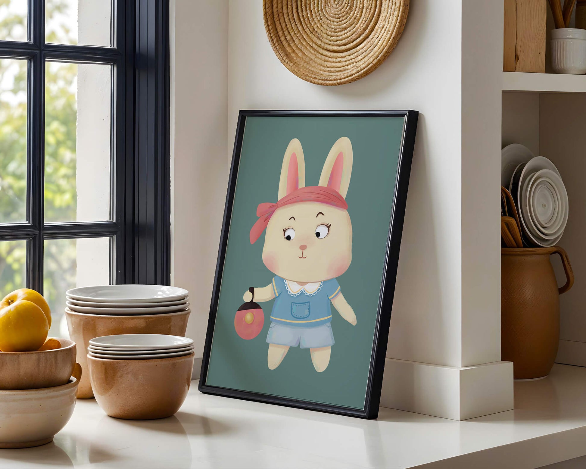 Illustration d'un lapin cartoon avec un bandeau et un sac rond