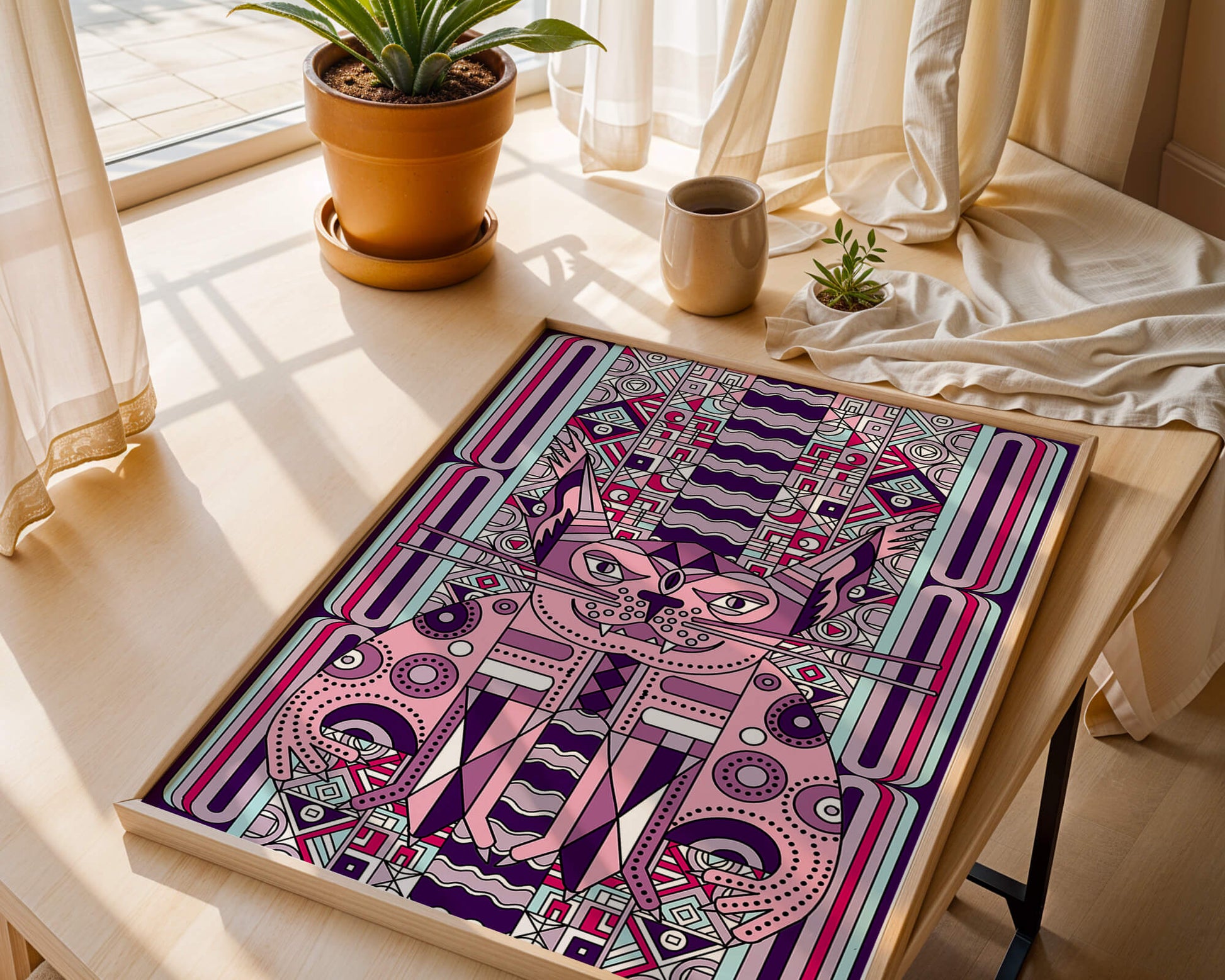 Geometric Art Deco Cat with Intricate Patterns