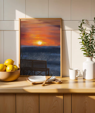 Serene Sunset Overlooking the Ocean with a Wooden Bench