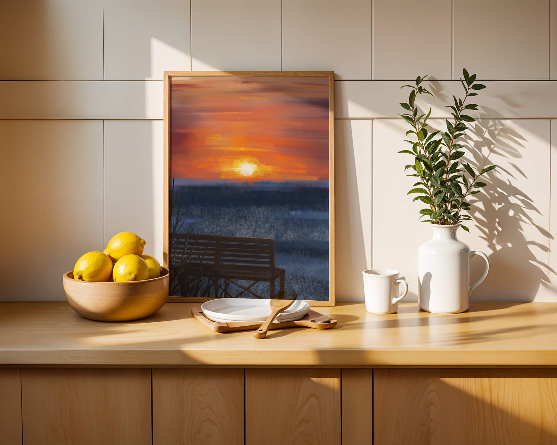 Serene Sunset Overlooking the Ocean with a Wooden Bench