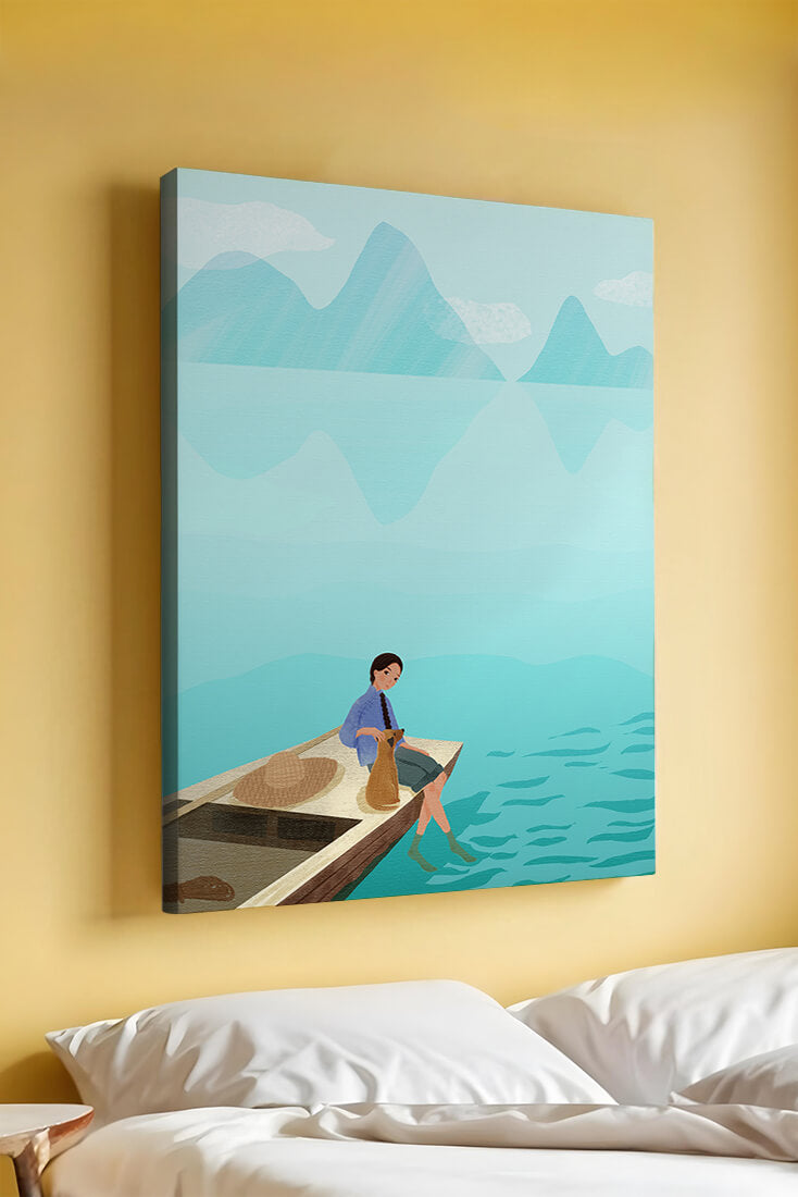 Serene scene with woman and dog on a boat by tranquil waters