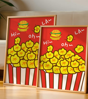 Playful illustration of popcorn and burger characters on a red background