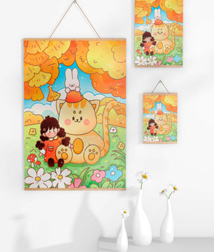 Ilustración caprichosa de una niña, un gato y un conejo en un paisaje otoñal