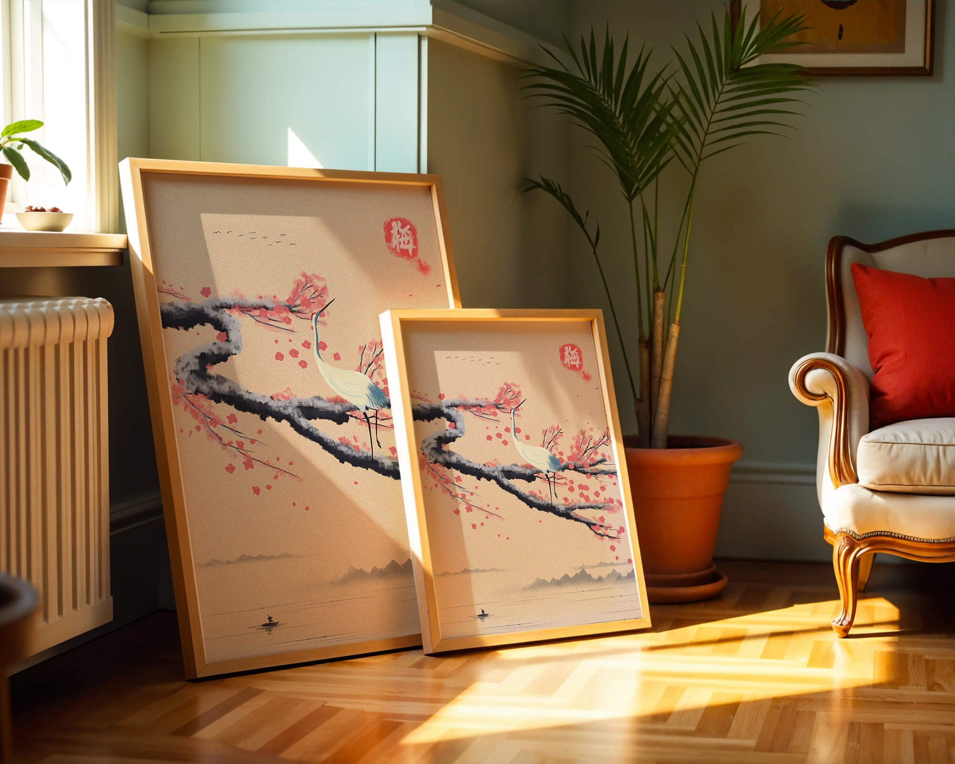 Elegant crane on cherry blossom branch with serene landscape
