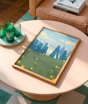 Landschaft mit schneebedeckten Bergen und Blumen im Cartoon-Stil
