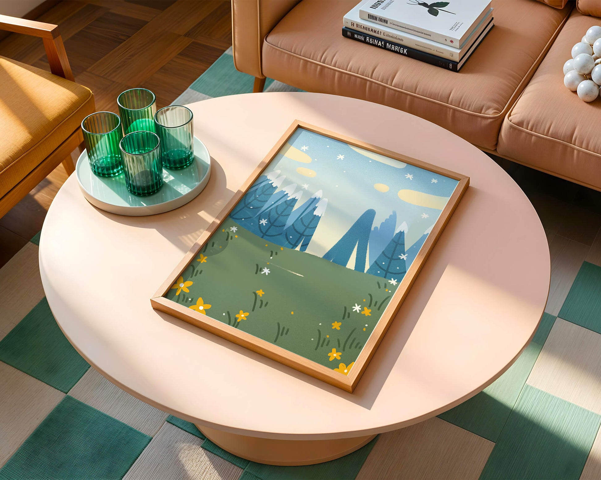 Landschaft mit schneebedeckten Bergen und Blumen im Cartoon-Stil