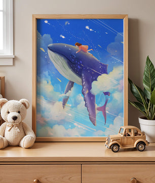 Illustration onirique d'une fille chevauchant une baleine à travers le ciel