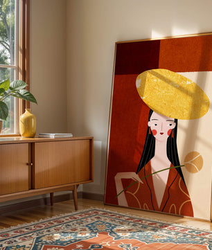 Elegant Woman with a Gold Hat and a Flower on a Red Background - Mi tienda