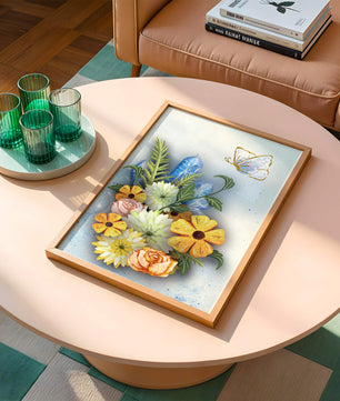 Floral and crystal arrangement with golden butterfly