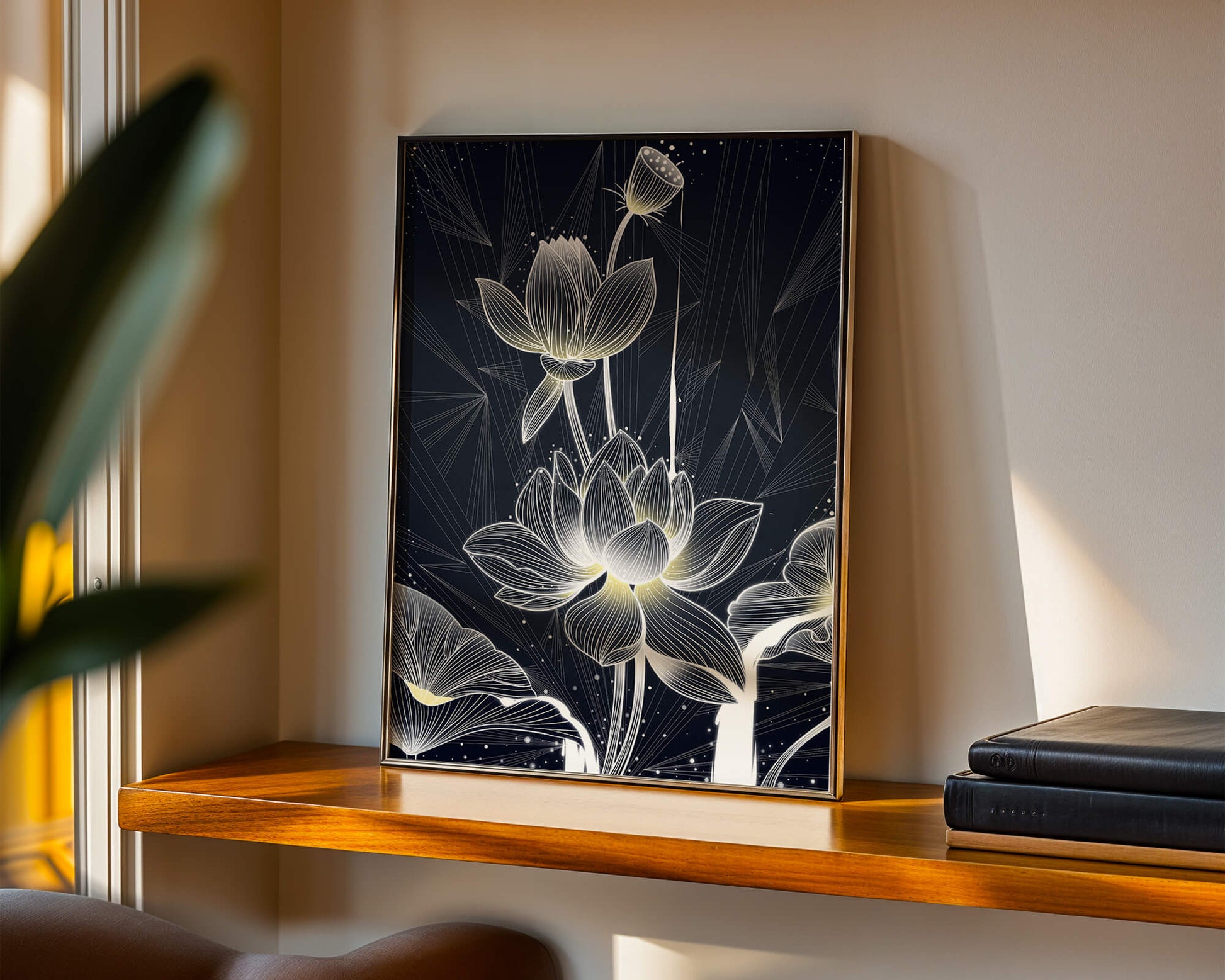 Elegant Lotus Flower Illustration with Geometric Background