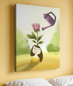 Ilustración de una chica con una flor creciendo de su cabeza siendo regada