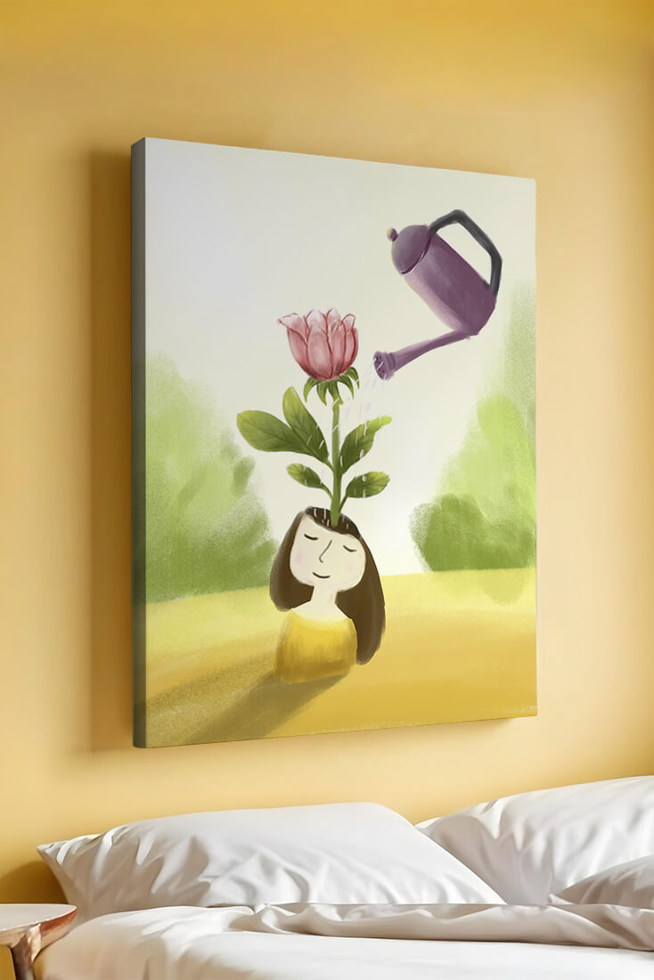 Illustration of a girl with a flower growing from her head being watered