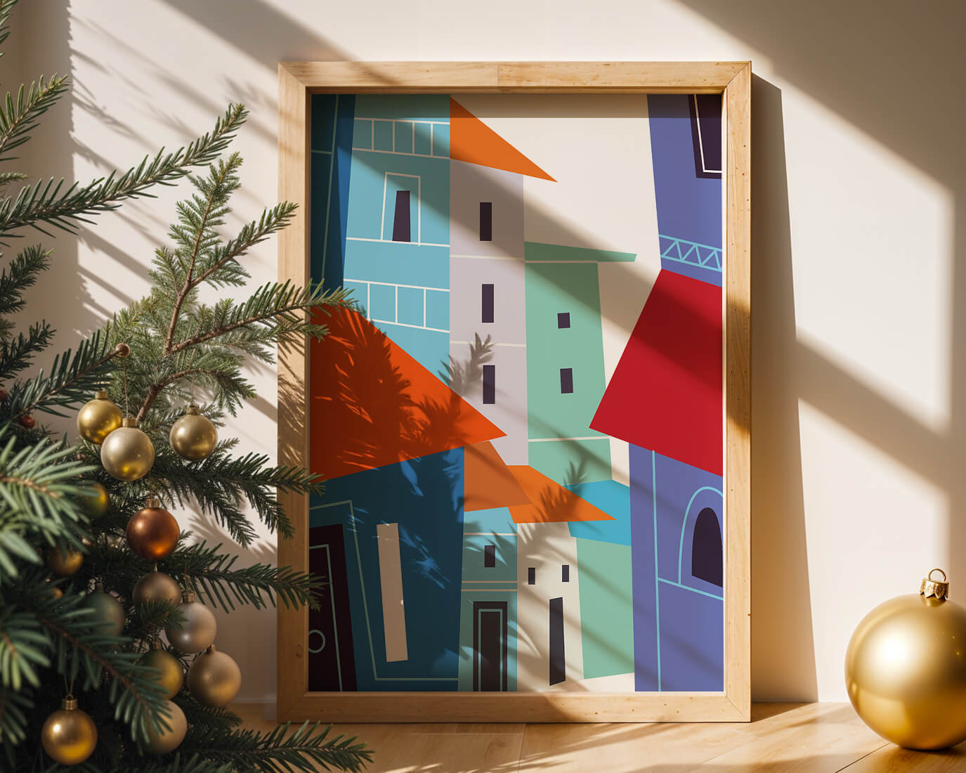 Colorful abstract cityscape with geometric buildings