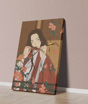 Japanerin spielt Flöte zwischen Blumen in traditioneller Umgebung