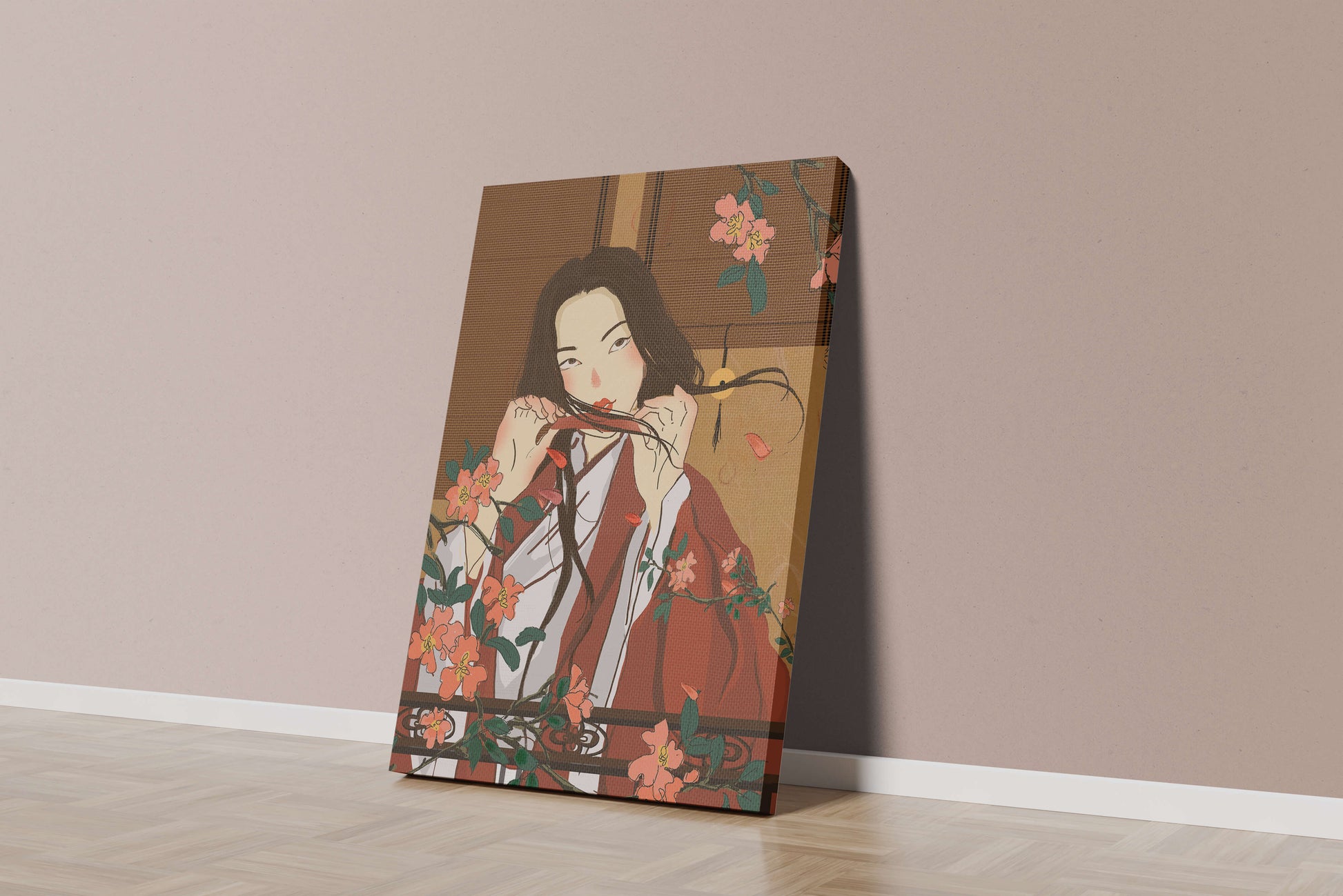 Japanerin spielt Flöte zwischen Blumen in traditioneller Umgebung