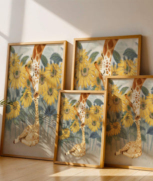 Pintura acuarela de jirafas y girasoles en una escena tierna de una familia de jirafas