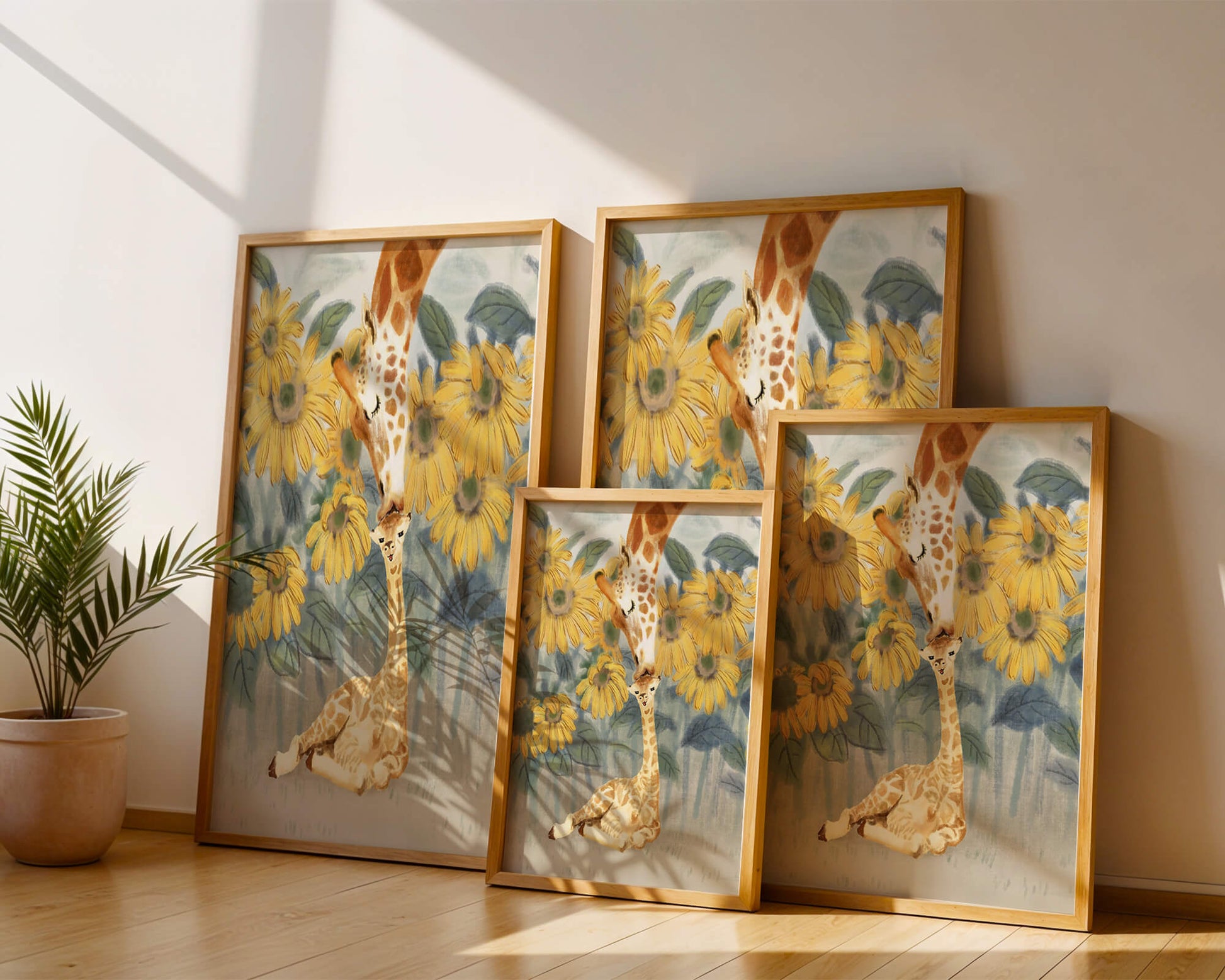 Giraffe and sunflowers watercolor painting of tender giraffe family scene