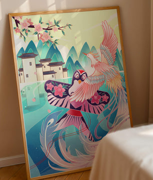 Illustration colorée d’oiseaux et de fleurs avec une architecture orientale
