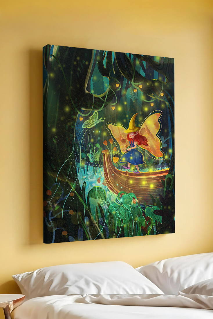 Fairy in an enchanted forest with glowing butterflies and lanterns