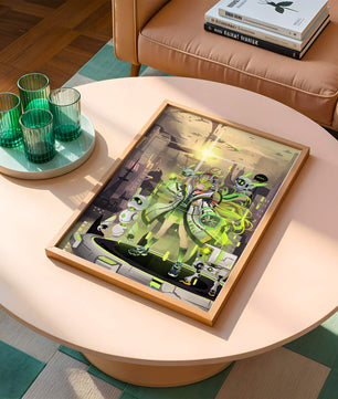 Chica de anime futurista con aura verde y compañeros robóticos en un paisaje urbano de ciencia ficción