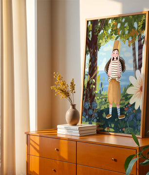 Whimsical Illustration of a Girl in Nature with Golden Hat