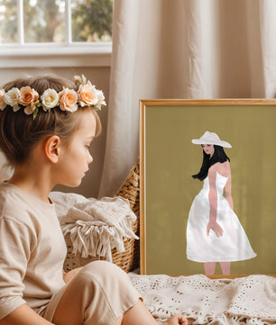 Woman in a white dress and hat on a gold background