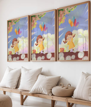 Whimsical illustration of a girl with balloons under vibrant pink blossoms