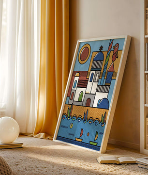 Bunte geometrische Küstendorf-Illustration mit Vögeln und Booten