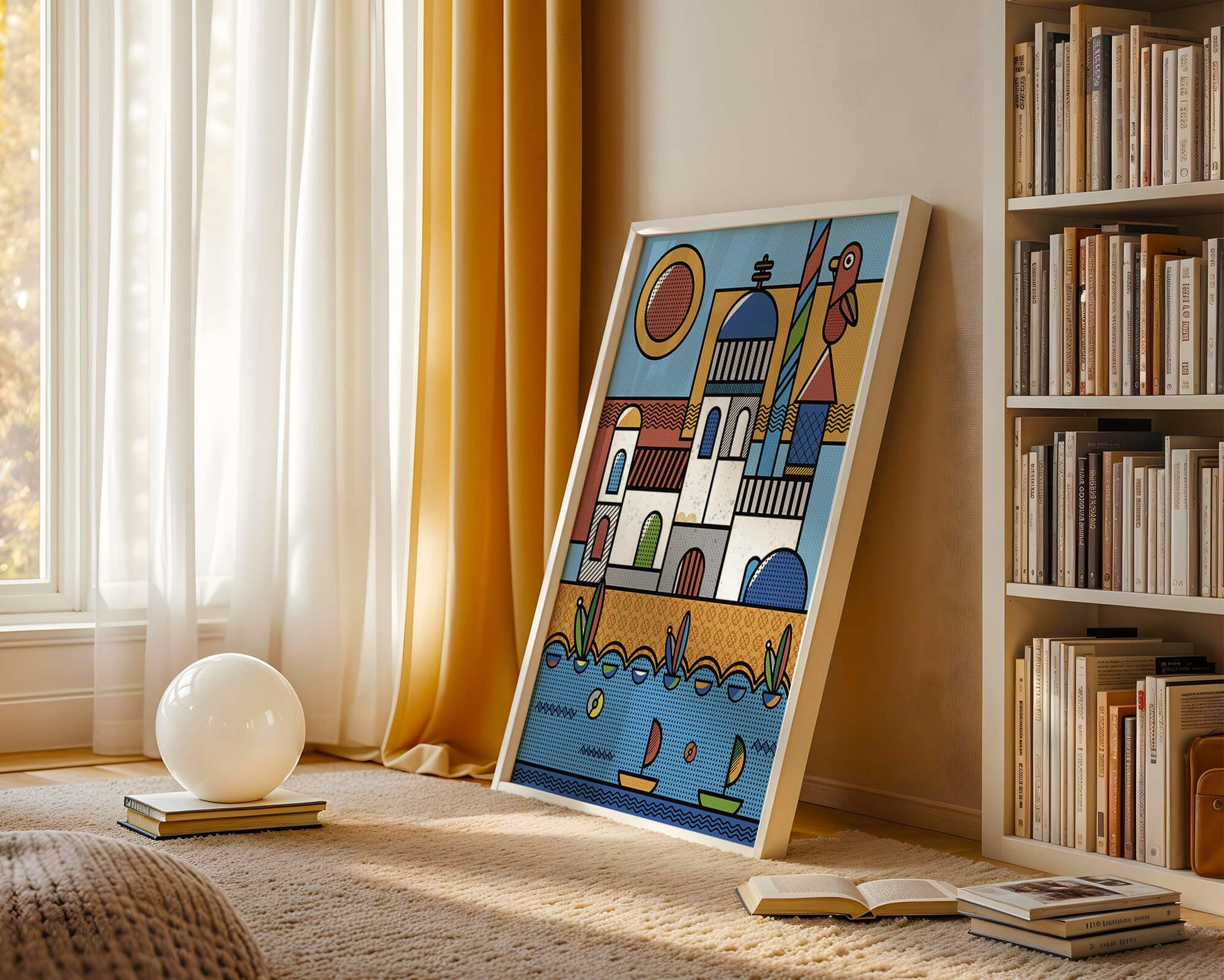 Bunte geometrische Küstendorf-Illustration mit Vögeln und Booten