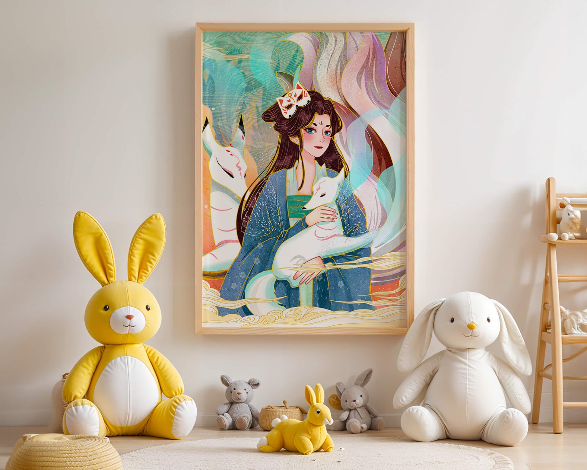 Woman with foxes in a mystical fantasy scene