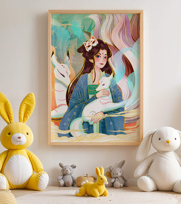 Woman with foxes in a mystical fantasy scene