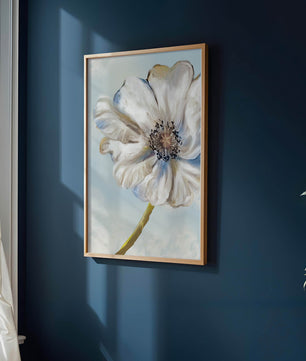 Art captivant de fleurs blanches avec des nuances de bleu sur un fond pastel