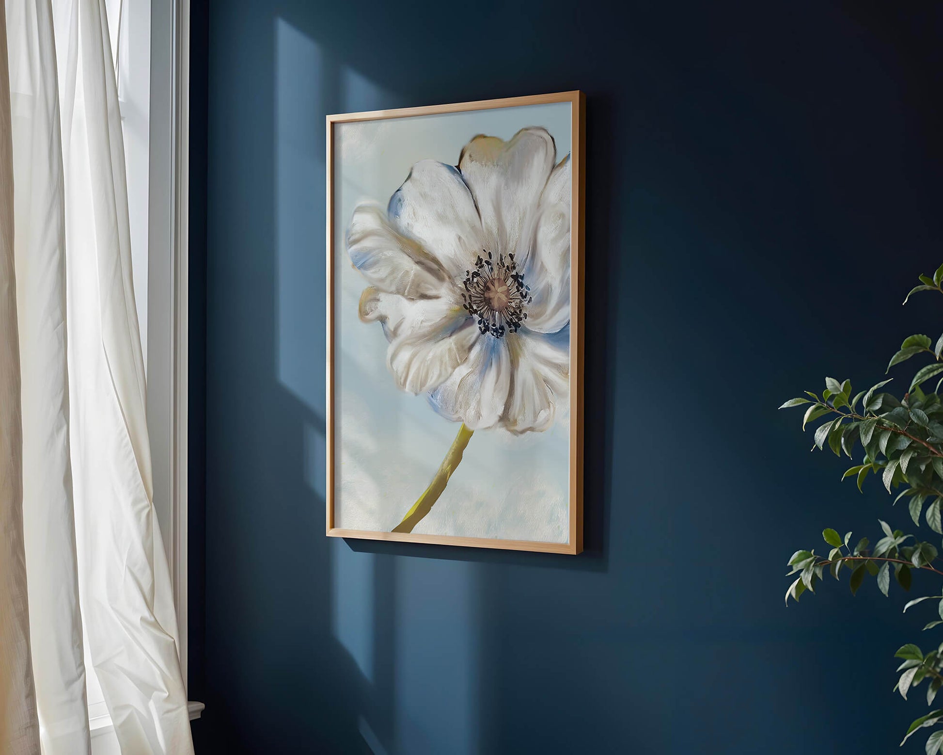 Captivating white flower art with blue hues on a pastel background