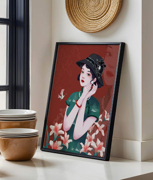 Elegant woman in vintage attire with floral hat and lilies