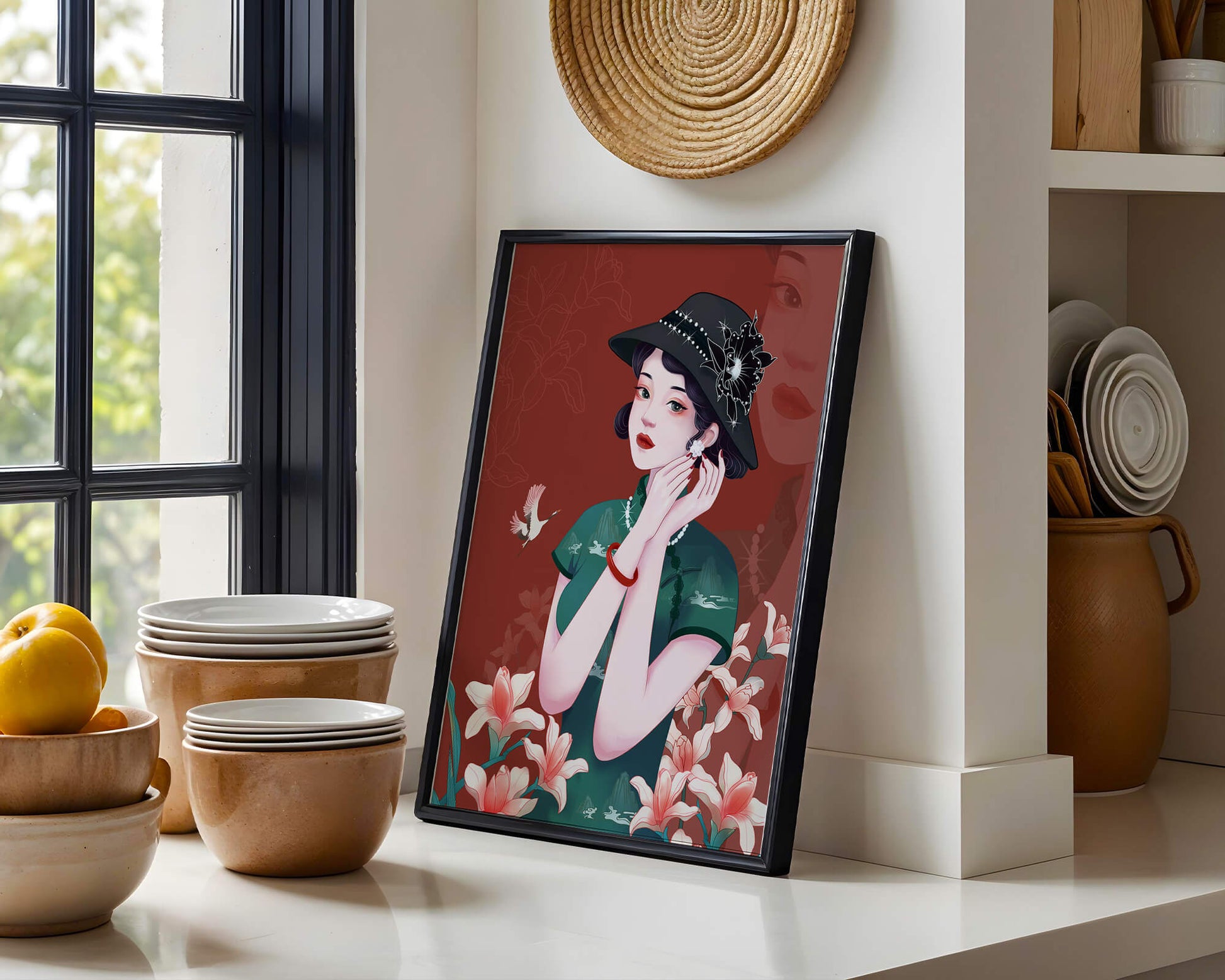 Elegant woman in vintage attire with floral hat and lilies