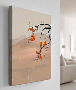 Branch with Persimmons and Snow in Minimalistic Landscape