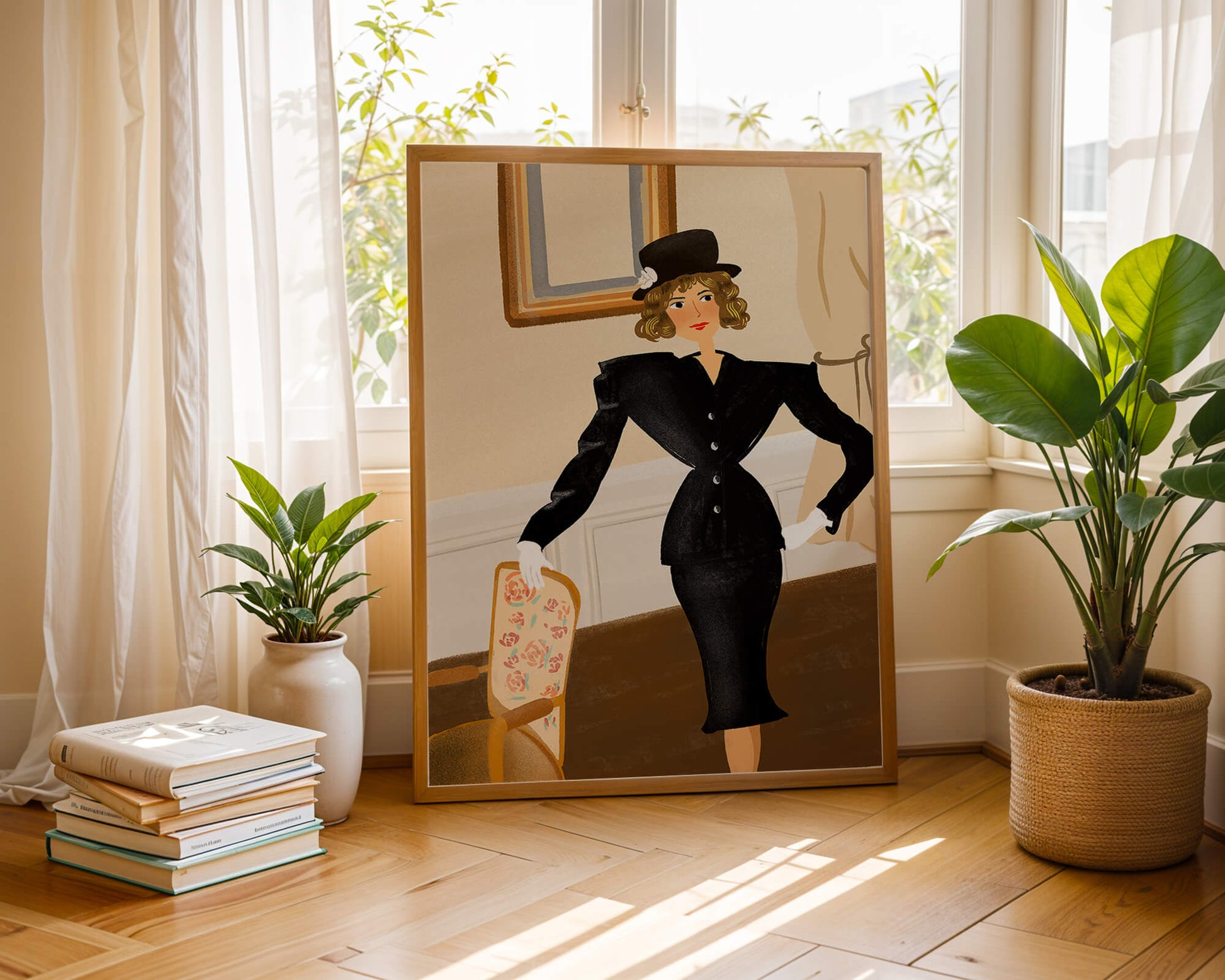 Mujer elegante en moda vintage con traje negro y sombrero