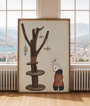 Illustration of a cat tree with a thoughtful cat in a sweater
