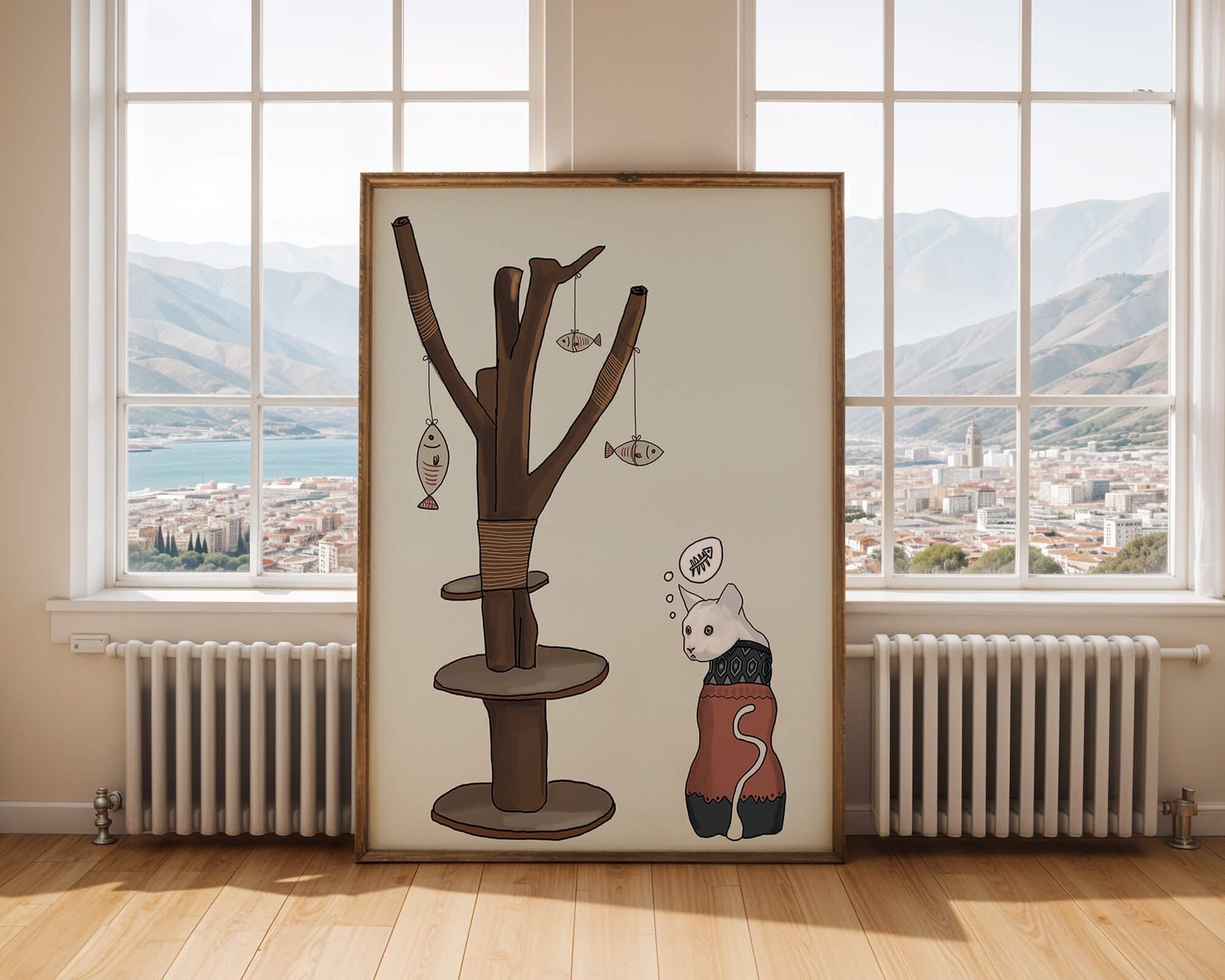 Illustration of a cat tree with a thoughtful cat in a sweater