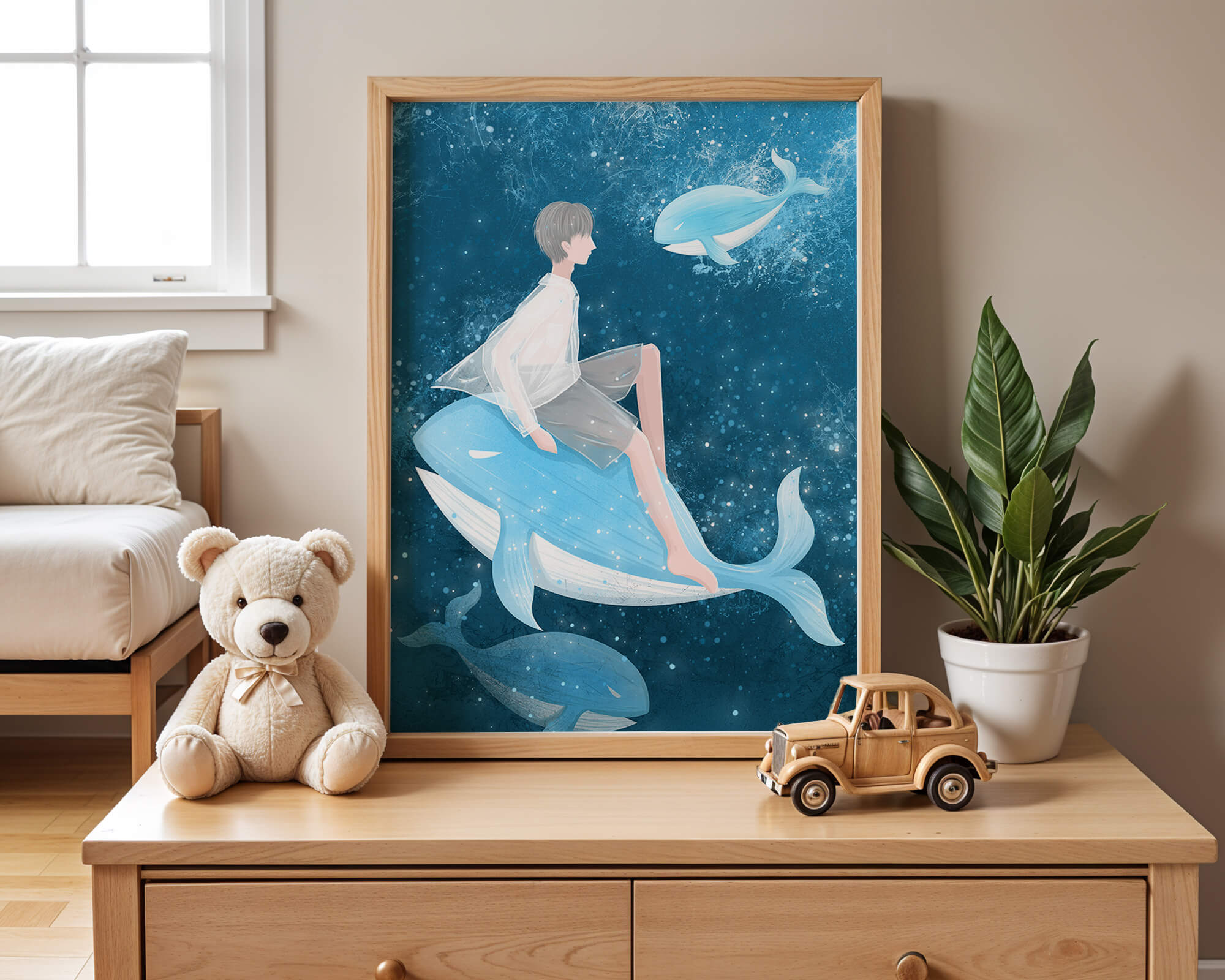Fantasy illustration of person on blue whale in underwater scene