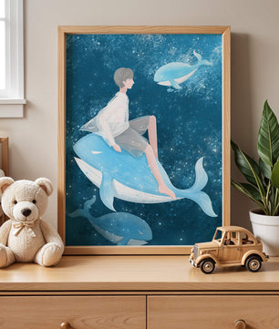 Illustration fantastique d'une personne sur une baleine bleue dans une scène sous-marine