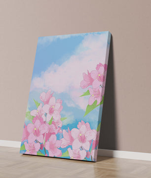 Ilustración de flores rosadas contra un cielo azul vibrante con nubes