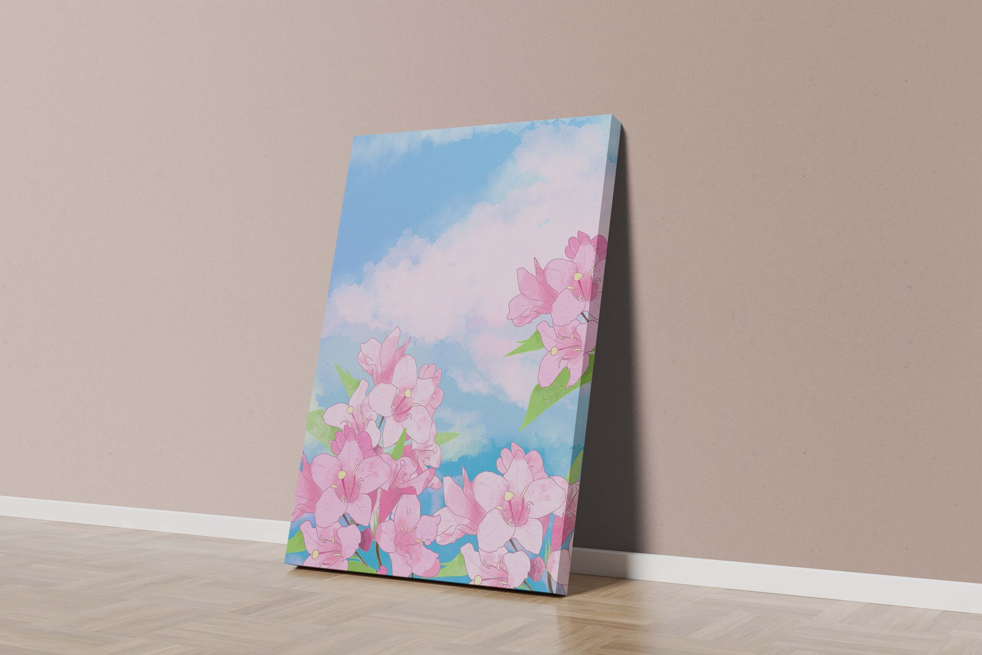 Ilustración de flores rosadas contra un cielo azul vibrante con nubes