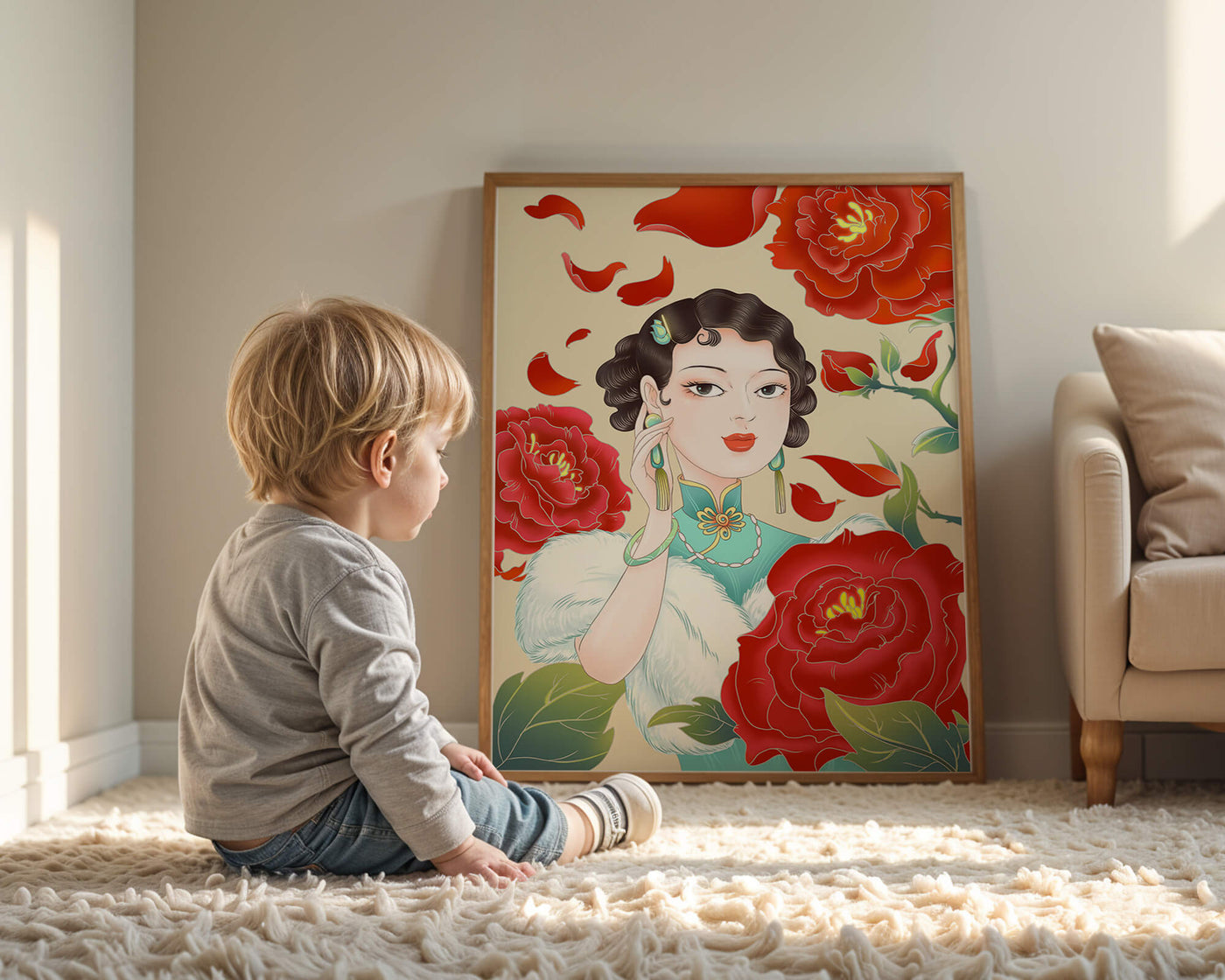 Elegant woman surrounded by vibrant red flowers and petals