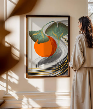 Hojas de Ginkgo abstractas con círculo naranja y ondas plateadas
